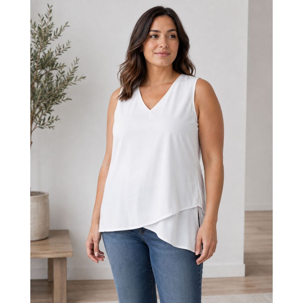 EVALESS White Sleeveless V Neck Blouse Women’s Large NWT High Low Tunic Top